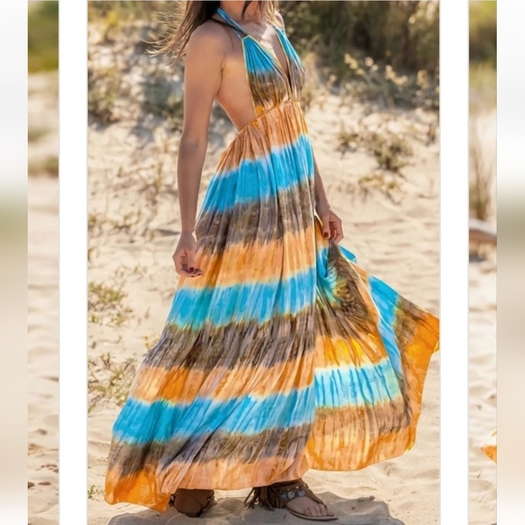 Women's Summer Sexy Slim Tie Dye Halter Print Dress Boho Beach Maxi - Picture 1 of 15